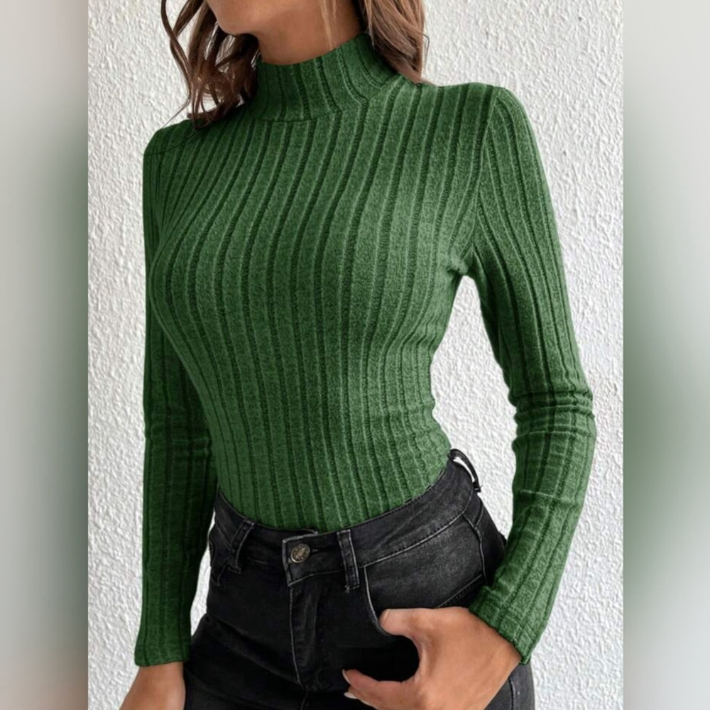 Ribbed Knit Top Pullover Large Slim Fit Shirt L Top Avocado Green Ribbed - Picture 8 of 8